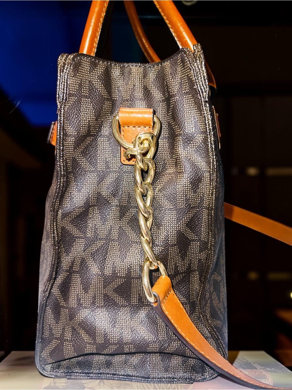 Michael Kors Hamilton Signature Logo Large Tote Bag Brown Tan Gold Like New - Picture 6 of 15